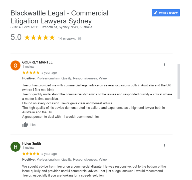 Blackwattle Legal Google reviews