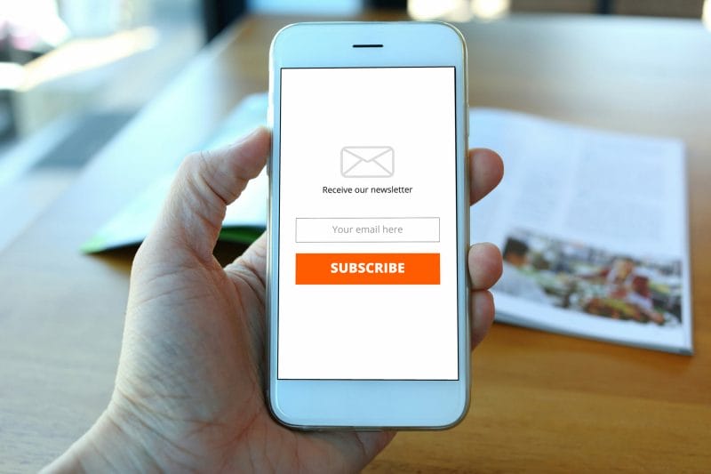 Email Newsletter subscription form on mobile device