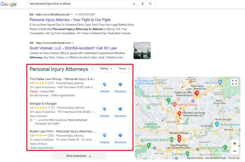 google search results for personal injury firms in atlanta