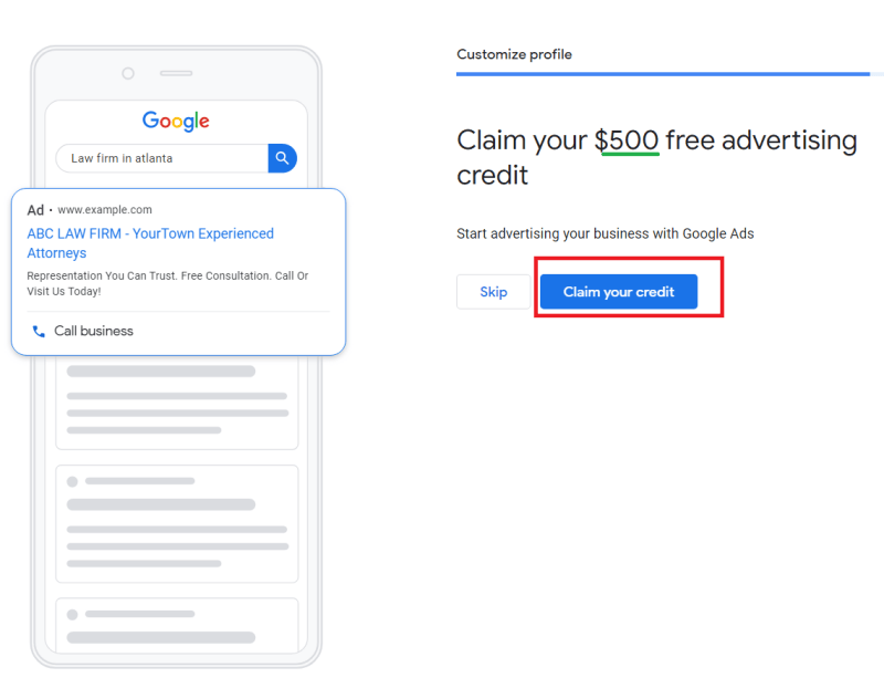 claiming free google ad credits on gmb for a law firm